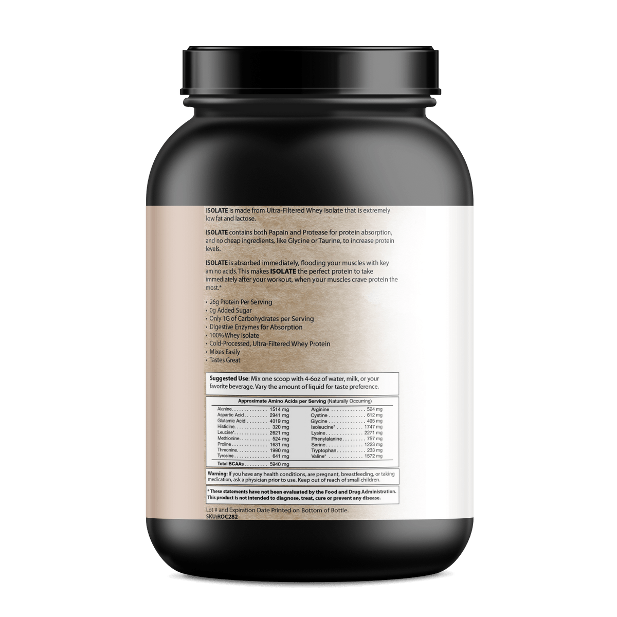 Pure Whey Isolate protein nutritional label highlighting ingredients and serving details for fitness enthusiasts.