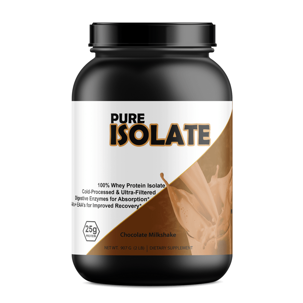 Pure Whey Isolate protein chocolate milkshake in a black tub for active lifestyle support.