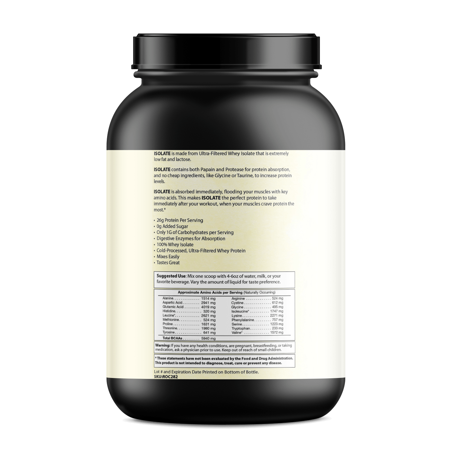 Pure Whey Isolate Protein product label highlighting ingredients, benefits, and serving suggestions.