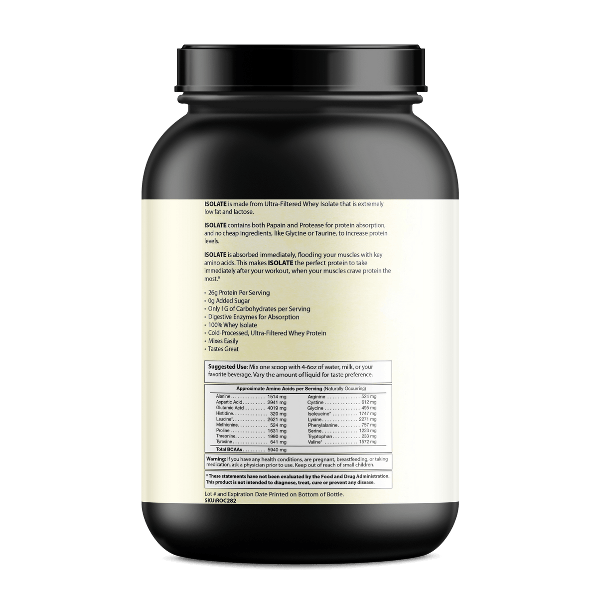 Pure Whey Isolate Protein product label highlighting ingredients, benefits, and serving suggestions.