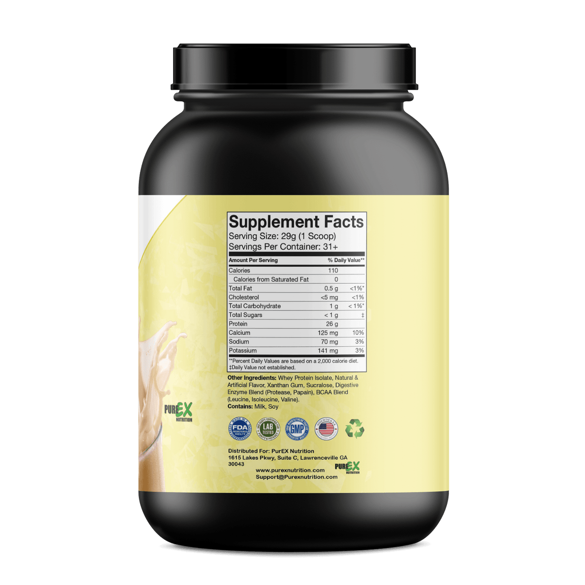 Supplement facts of Pure Whey Isolate protein in a black container, highlighting nutritional information and ingredients.