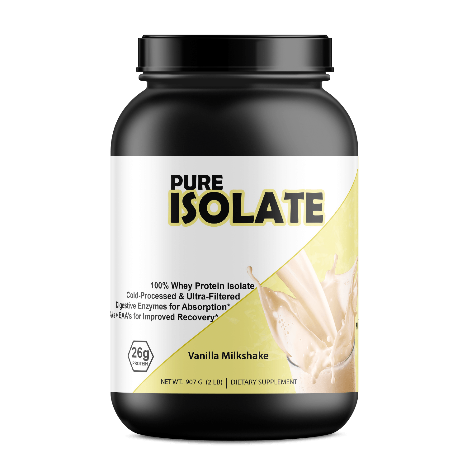 Pure Whey Isolate protein powder in a container with vanilla milkshake flavor for improved recovery.