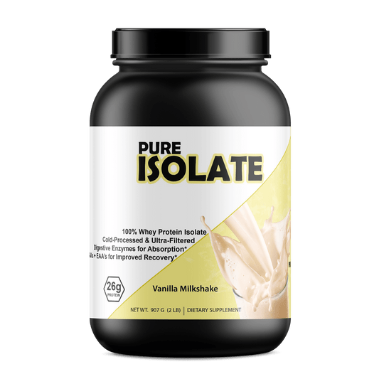 Pure Whey Isolate protein powder in a container with vanilla milkshake flavor for improved recovery.