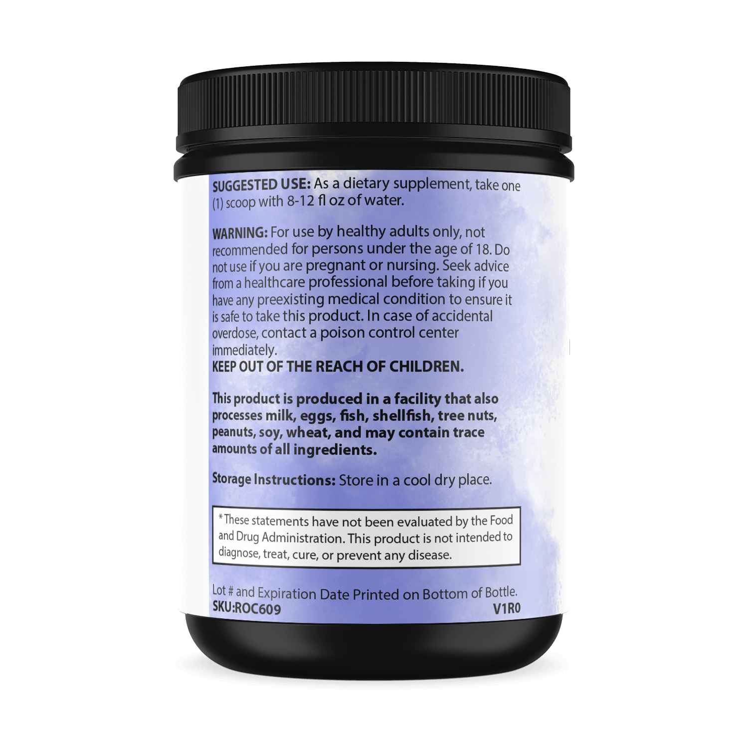 Back label of Pure Creatine supplement container with usage and warning information.