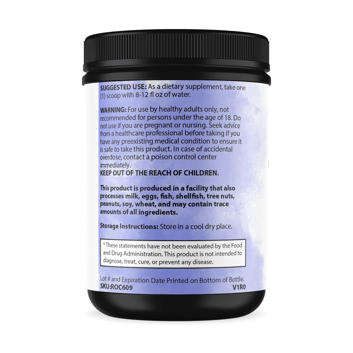 Back label of Pure Creatine supplement container with usage and warning information.