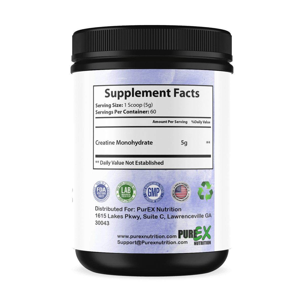 Pure creatine supplement with supplement facts label showing serving size and ingredients.