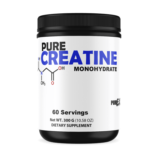 Pure Creatine dietary supplement container with 60 servings for an active lifestyle.