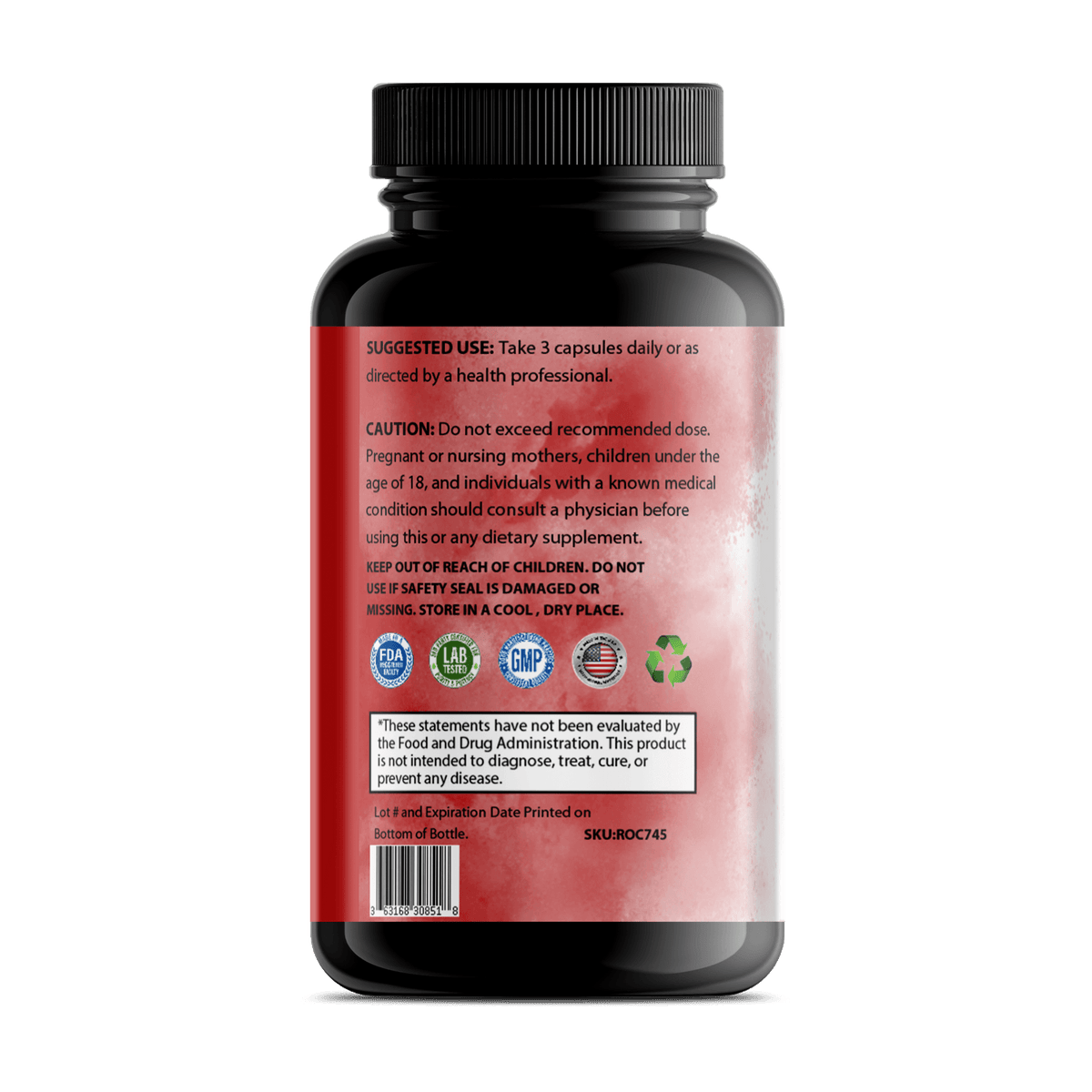 Label of Pure Testosterone supplement bottle showing dosage and caution instructions.