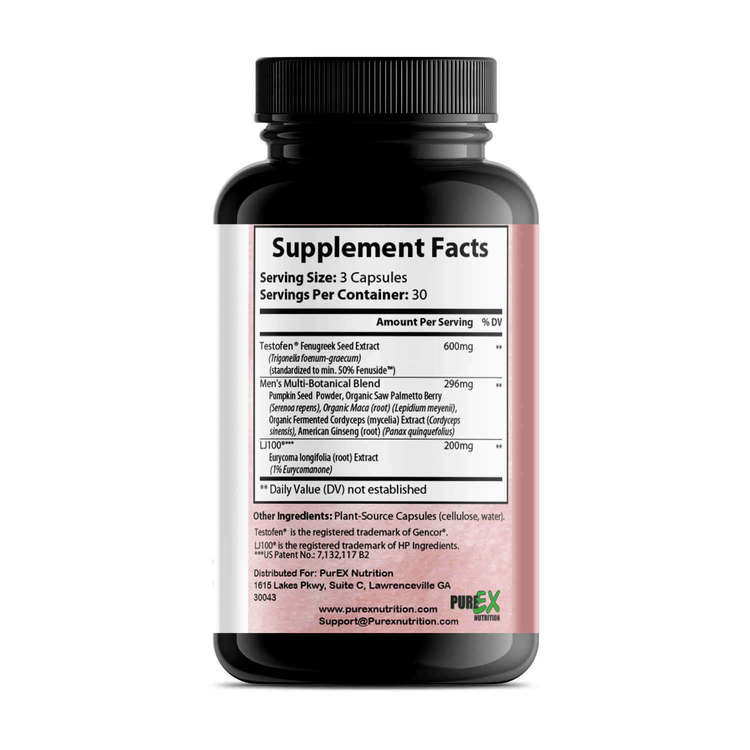 Bottle containing Pure Testosterone supplement facts and ingredients listing for health and wellness.
