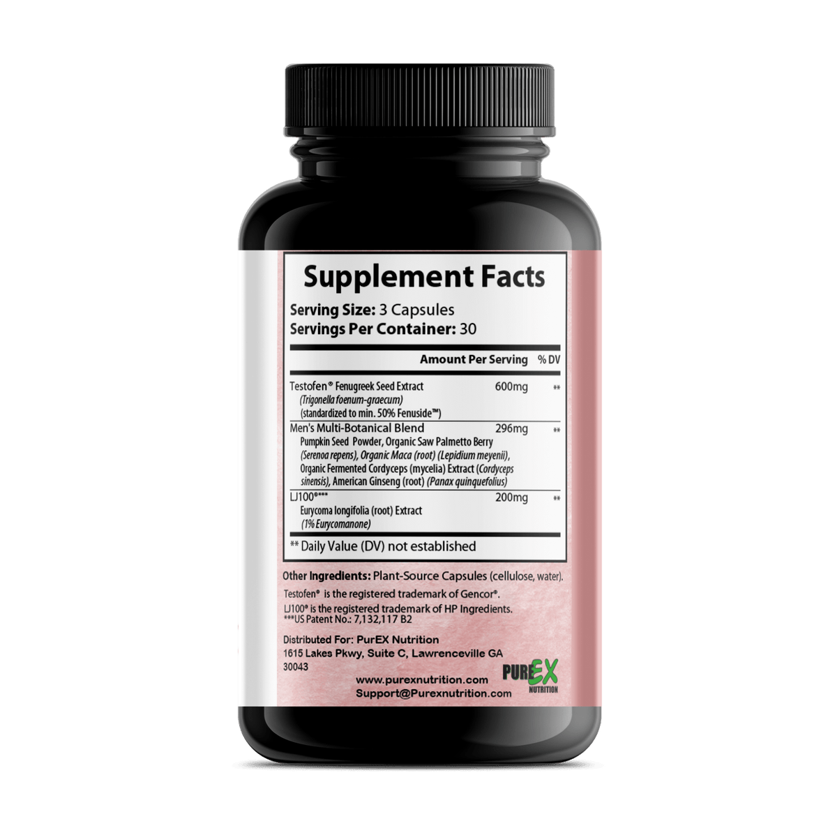 Bottle containing Pure Testosterone supplement facts and ingredients listing for health and wellness.