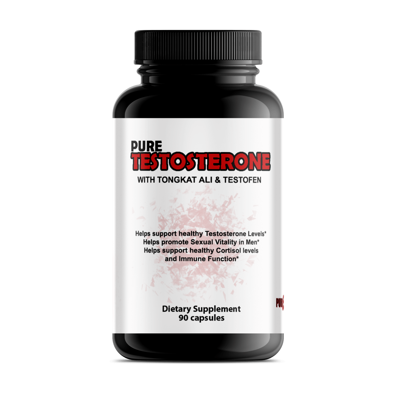 Pure Testosterone supplement bottle with Tongkat Ali and Testofen for wellness and vitality.
