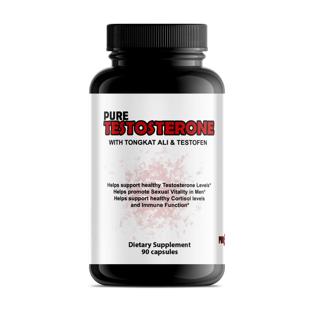 Pure Testosterone supplement bottle with Tongkat Ali and Testofen for wellness and vitality.