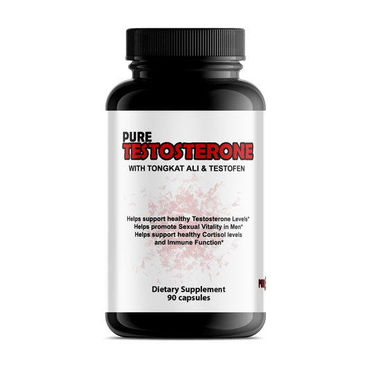 Pure Testosterone supplement bottle with Tongkat Ali and Testofen for wellness and vitality.