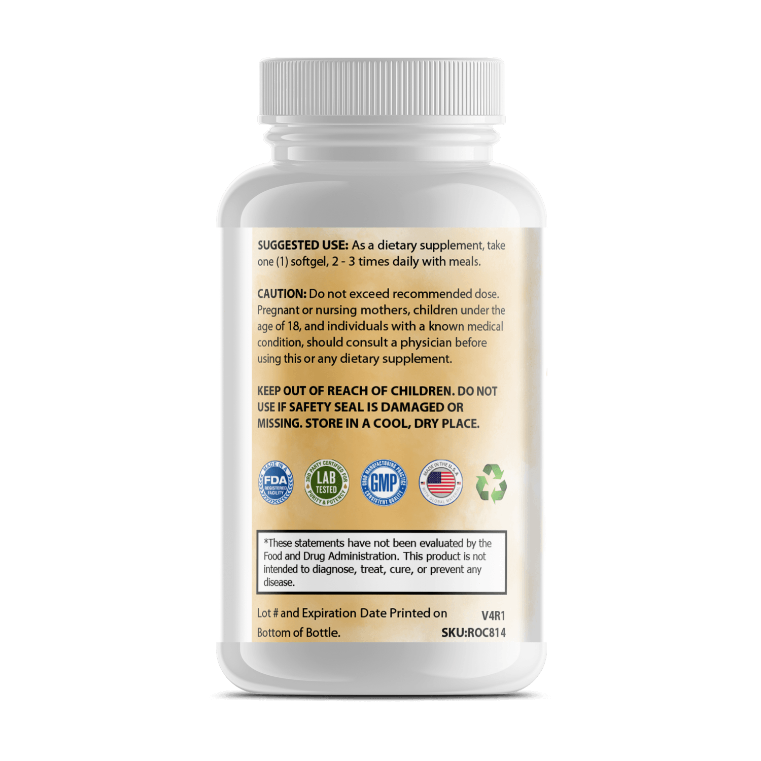 Pure Omega-3 dietary supplement bottle with usage instructions and safety information.