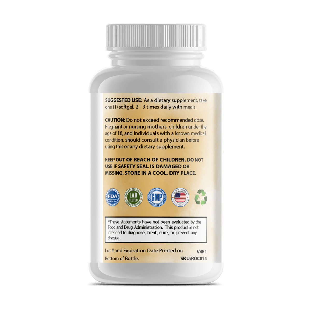 Pure Omega-3 dietary supplement bottle with usage instructions and safety information.