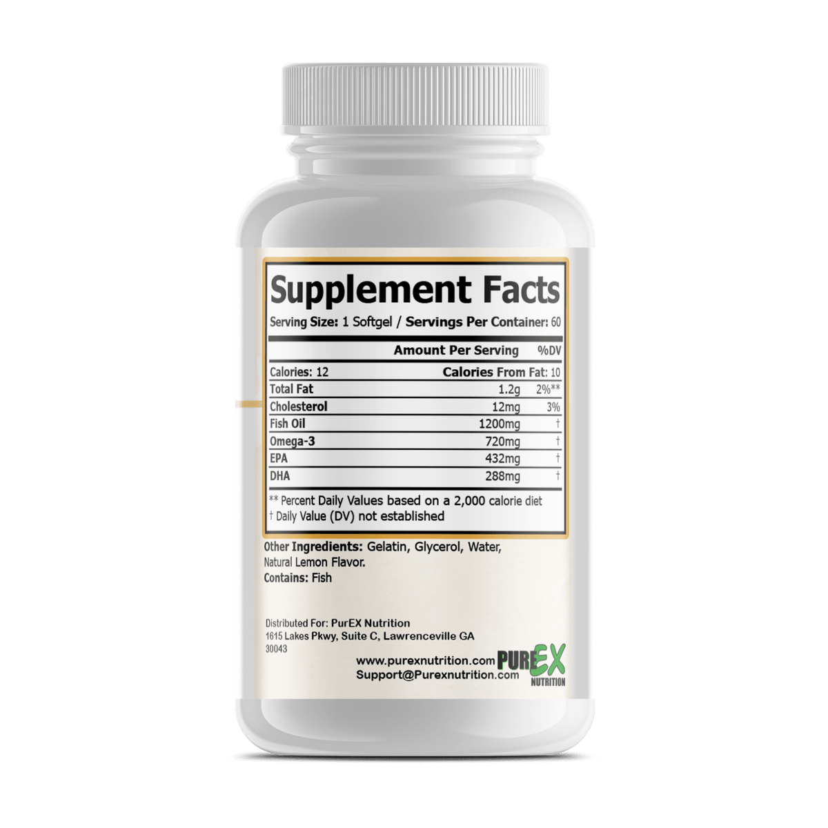 Label showing Supplement Facts for Pure Omega-3 dietary supplement, ingredients, and nutritional information.