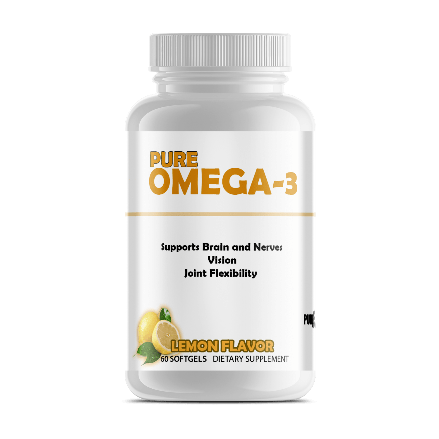 Pure Omega-3 dietary supplement bottle featuring lemon flavor, supports brain, vision, and joint health.