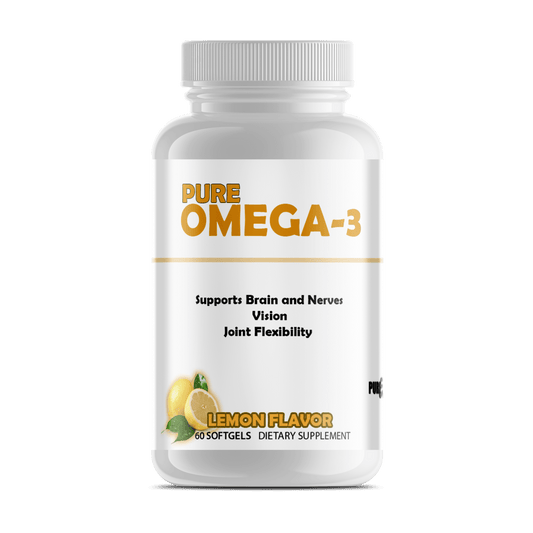 Pure Omega-3 dietary supplement in a softgel bottle supporting brain, vision, and joint health.