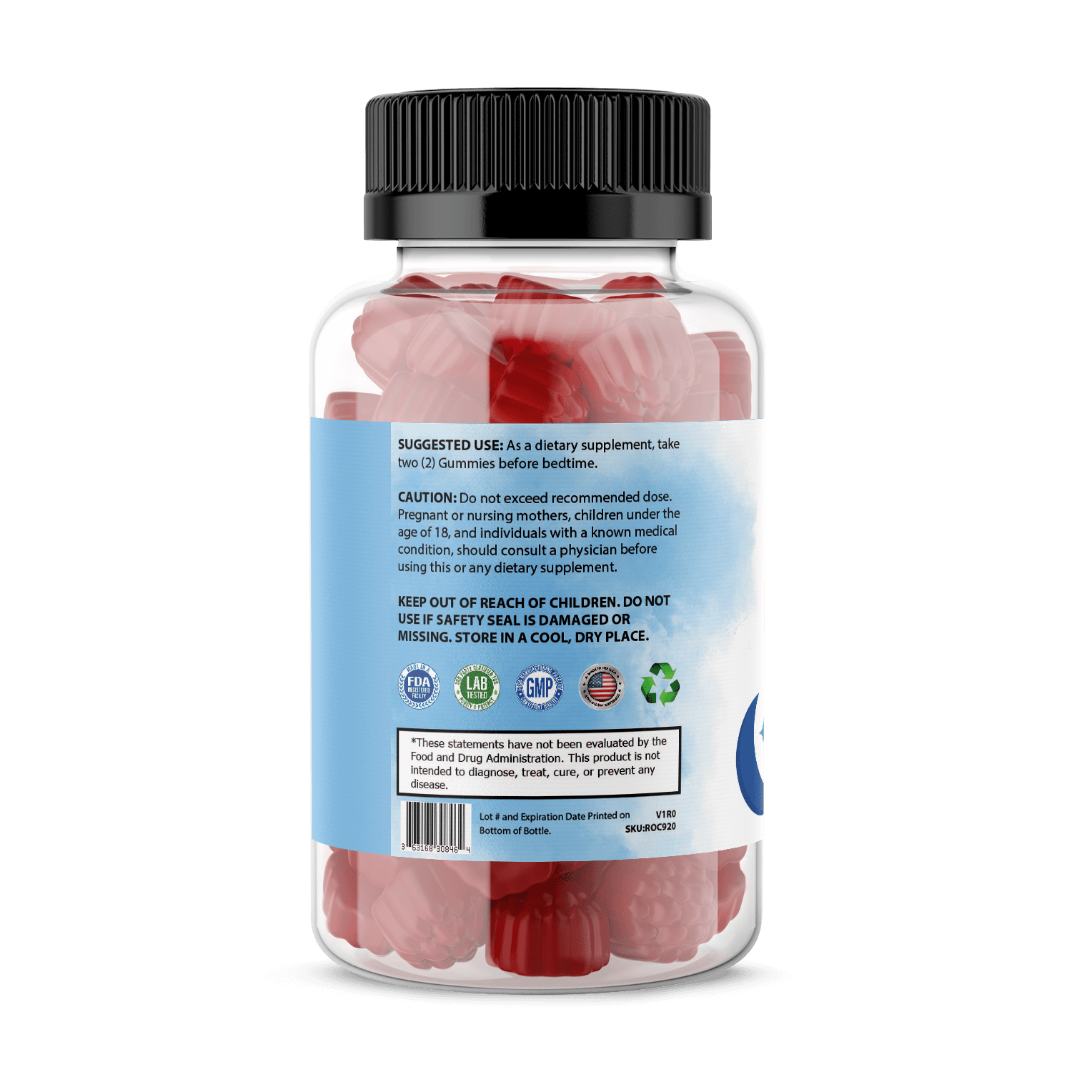 Pure Sleep Gummies supplement bottle with dosage and caution information on the label
