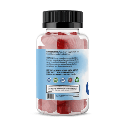 Pure Sleep Gummies supplement bottle with dosage and caution information on the label