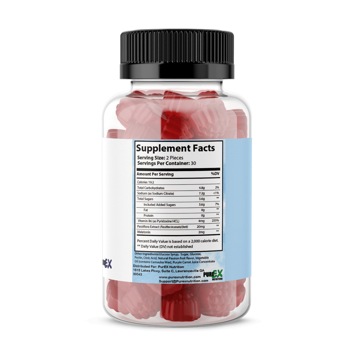 Pure Sleep Gummies supplement bottle showing Supplement Facts and ingredients for a balanced lifestyle.
