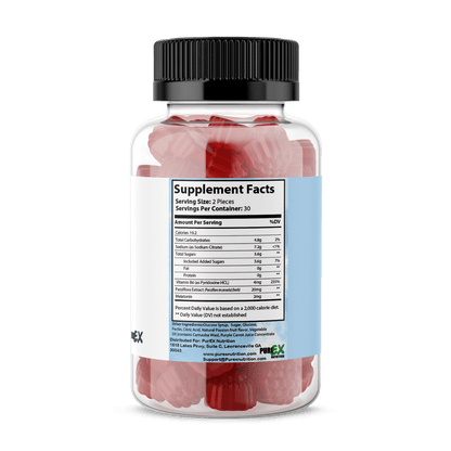 Pure Sleep Gummies supplement bottle showing Supplement Facts and ingredients for a balanced lifestyle.