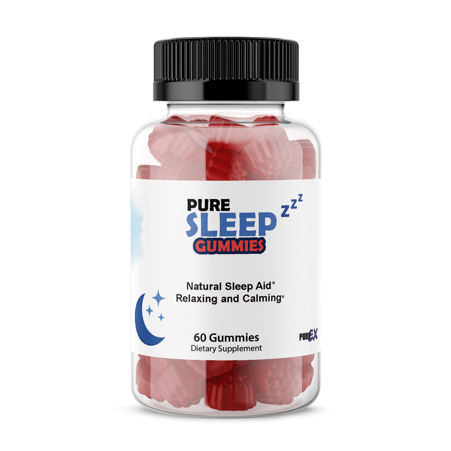 Pure Sleep Gummies supplement in a clear bottle, featuring 60 relaxing and calming gummies for better sleep.