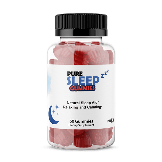 Pure Sleep Gummies supplement in a clear bottle, featuring 60 relaxing and calming gummies for better sleep.