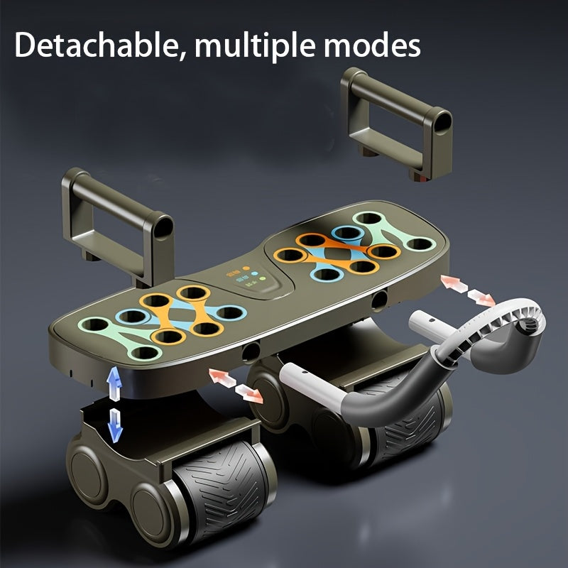 Image of an automatic rebound ab wheel trainer featuring detachable components and multiple workout modes.