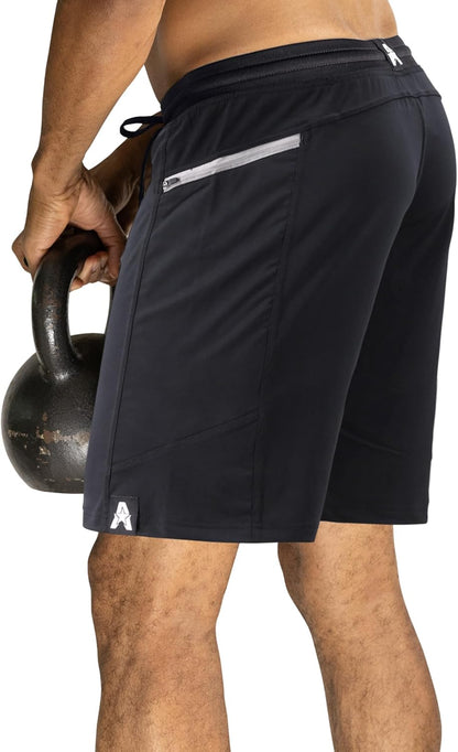Anthem Athletics Hyperflex men's gym shorts in black, showing a close-up of the 5-inch inseam with elastic waistband and athletic fit.