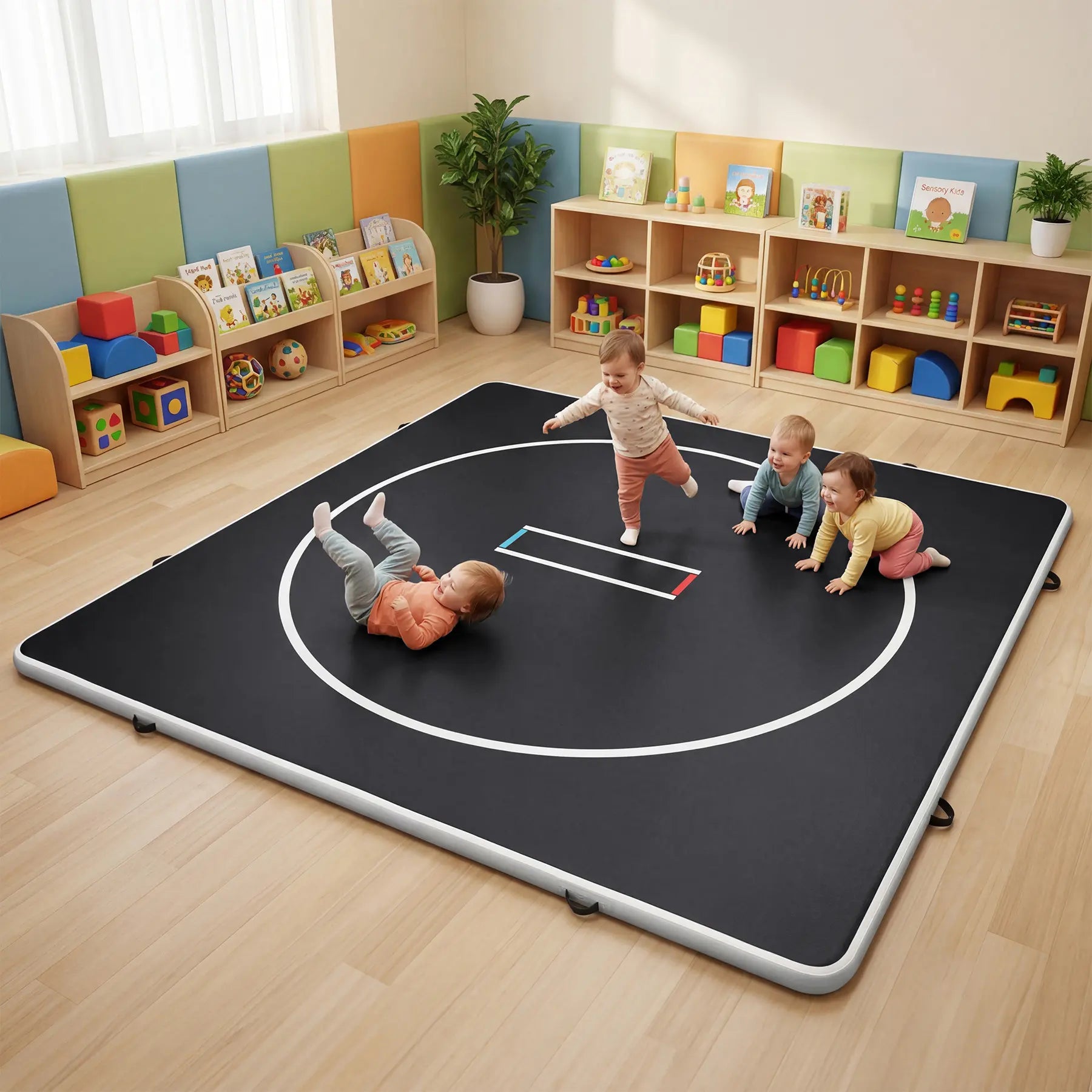 Inflatable wrestling mat 10ft x 13ft PVC portable mats with circles, 4-inch thick for martial arts, Jiu Jitsu, MMA, and home use.