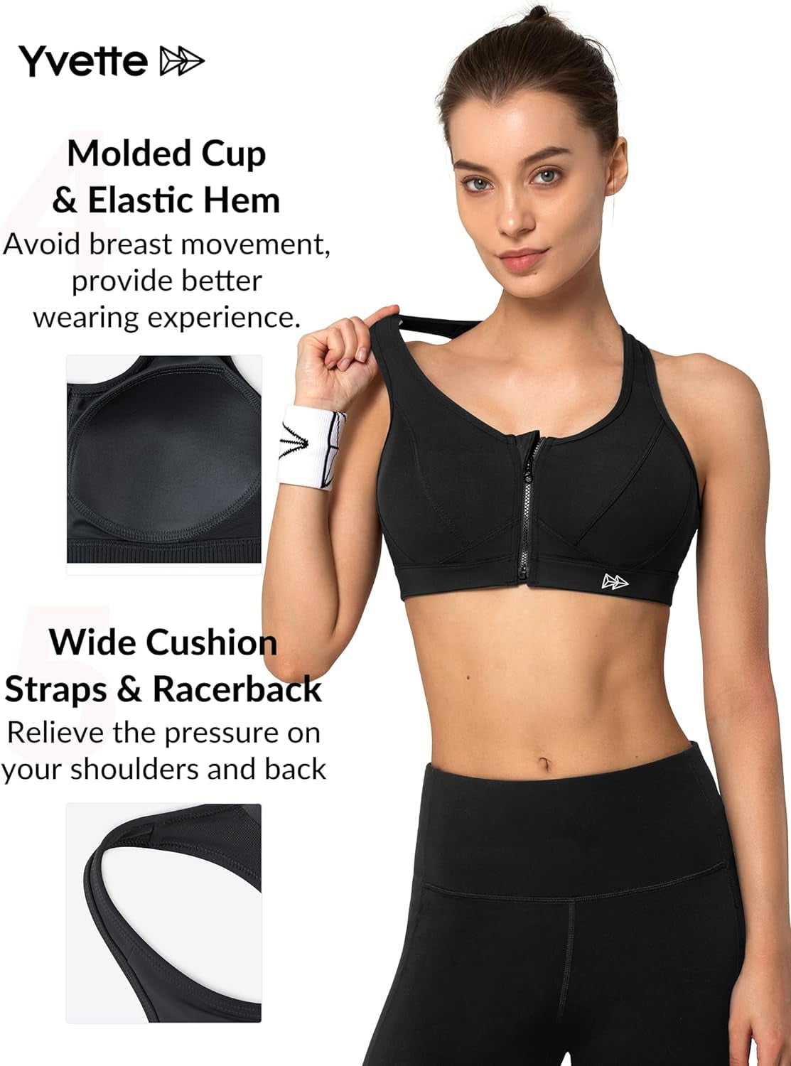 Yvette zip front high-impact sports bra for women, plus size workout and running fitness bra with supportive design.
