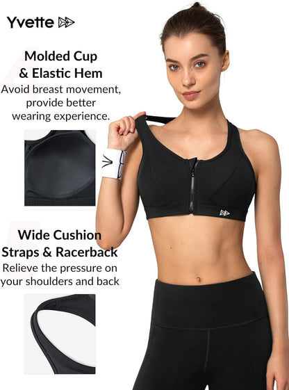 Yvette zip front high-impact sports bra for women, plus size workout and running fitness bra with supportive design.