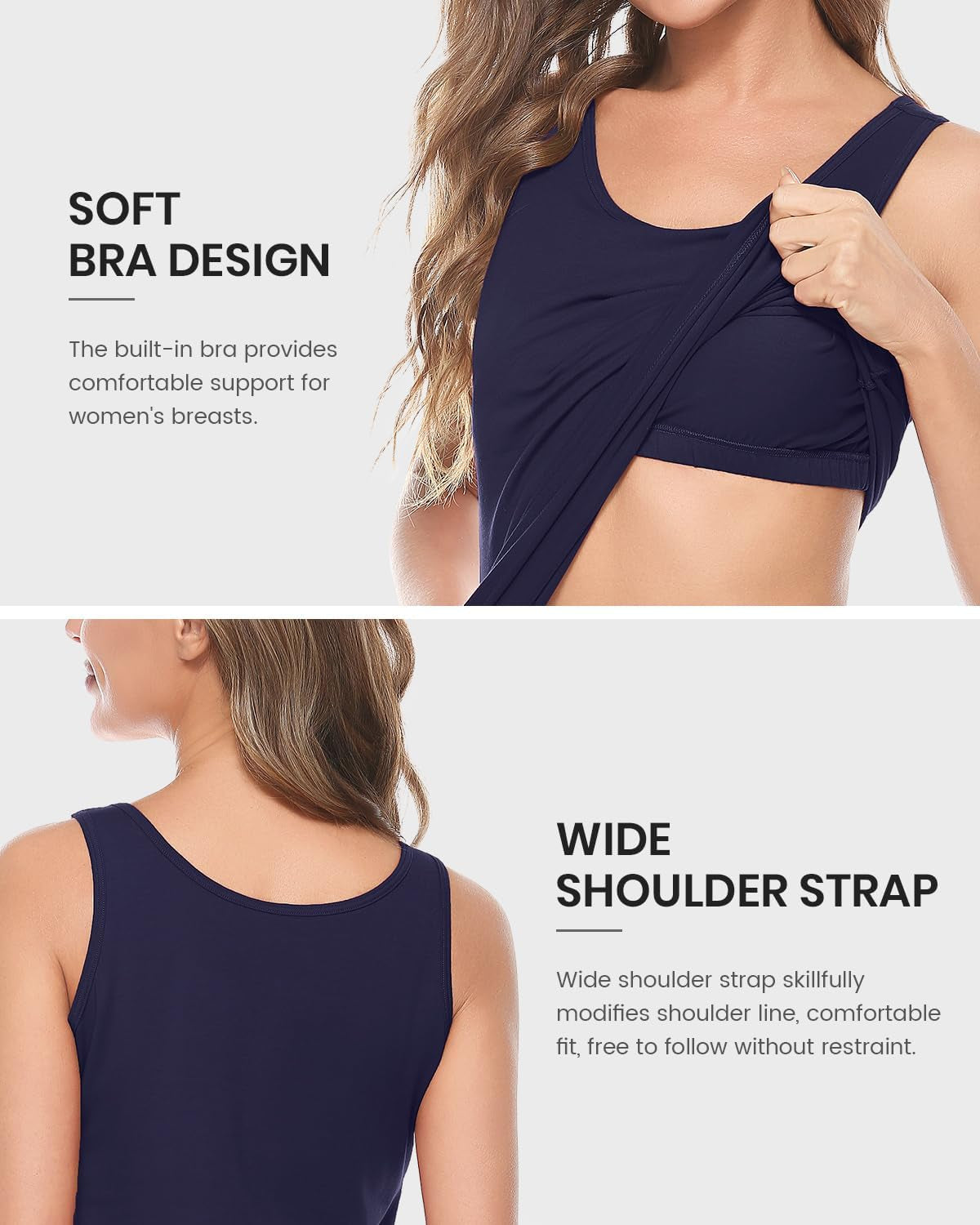 AMVELOP women's cotton tank tops with built-in bra, layered undershirts, 2-3 pack, comfortable sleeveless layering tops