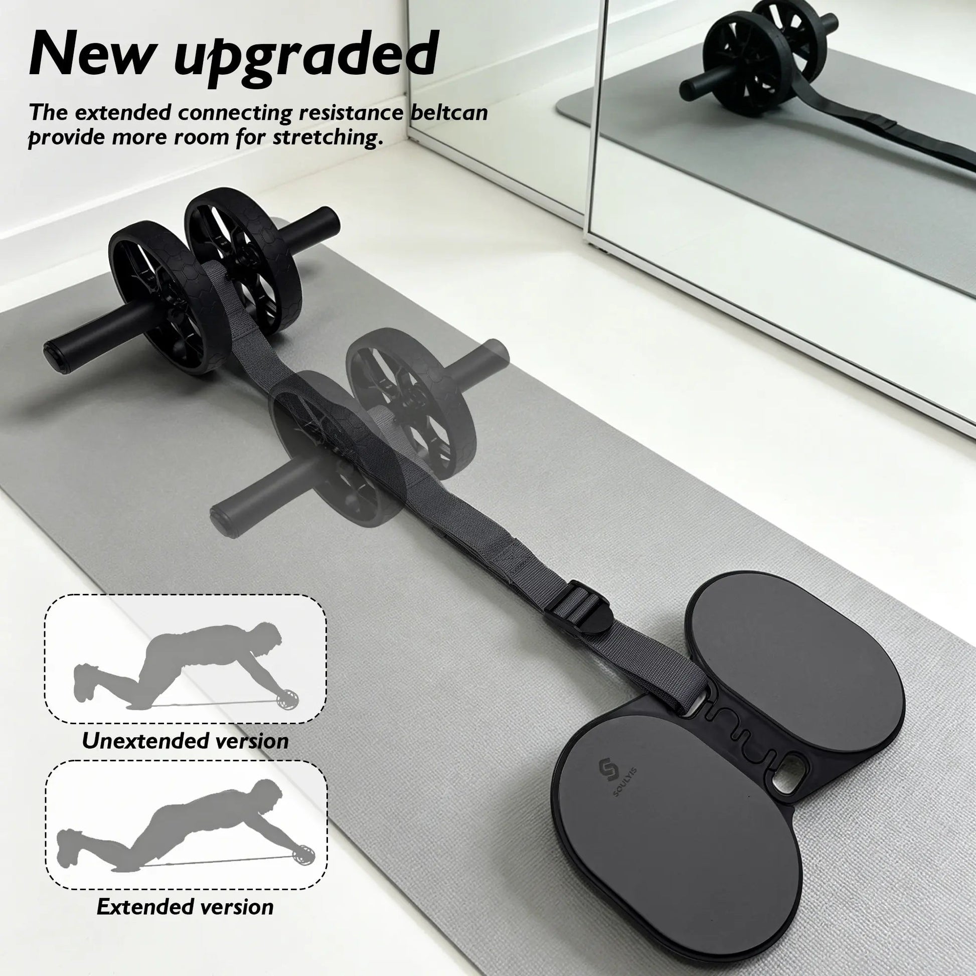 Fitness Essentials Soulyis elastic ab wheel with double wheels, resistance band, ergonomic handles, and non-slip surface for full-body workouts.