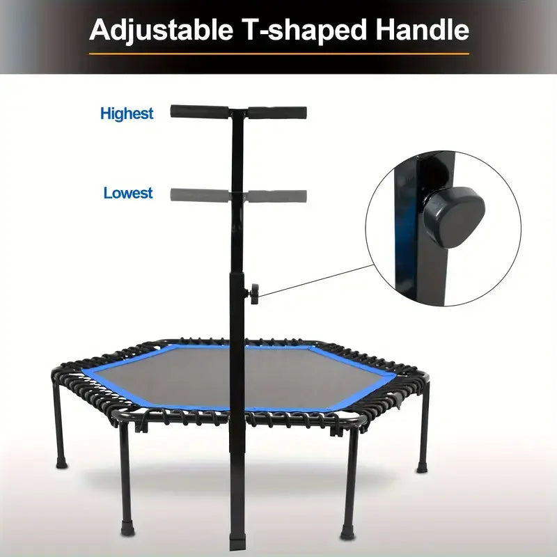 Adjustable handle bar for rebounder mini trampoline, showcasing T-shaped handle adjustments for optimal height.