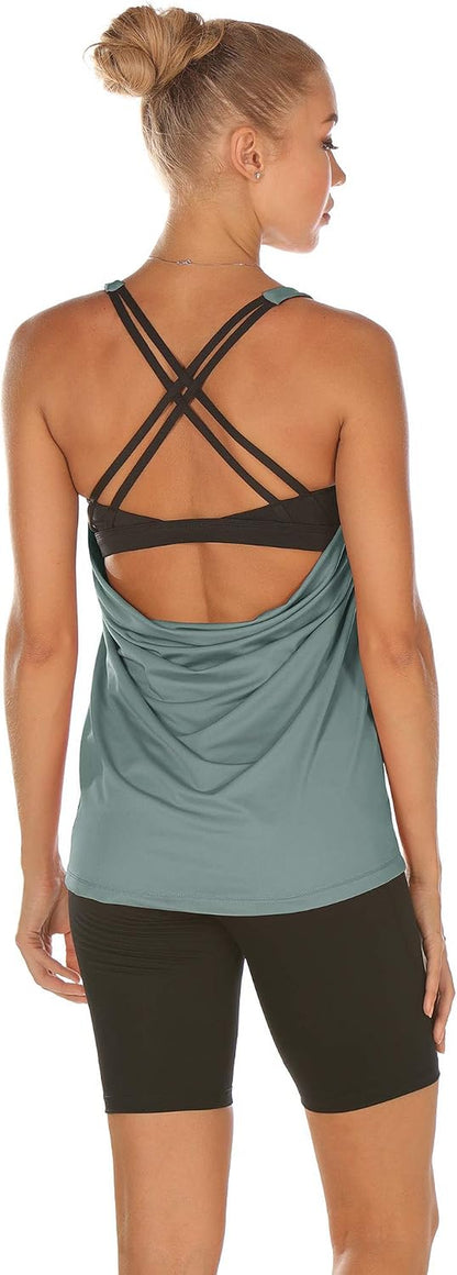 Icyzone women's workout tank top with built-in bra, featuring strappy design and athletic fit for yoga, running, and gym workouts.