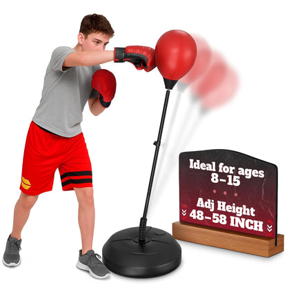 Adjustable youth punching bag with stand, designed for ages 8-15, height adjustable from 48 to 58 inches, ideal for training.