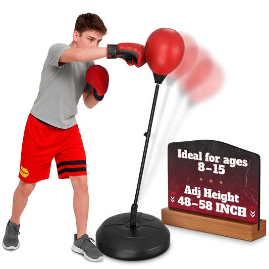 Adjustable youth punching bag with stand, designed for ages 8-15, height adjustable from 48 to 58 inches, ideal for training.