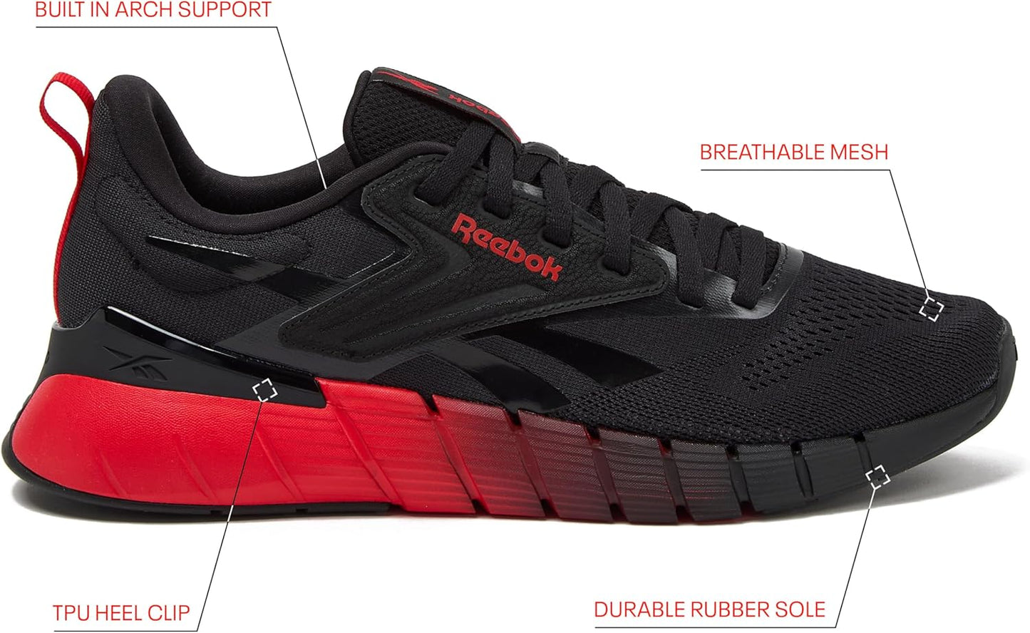 Reebok Nano Gym 1.0 men's athletic workout shoes in black with white accents, featuring breathable mesh and supportive rubber soles.