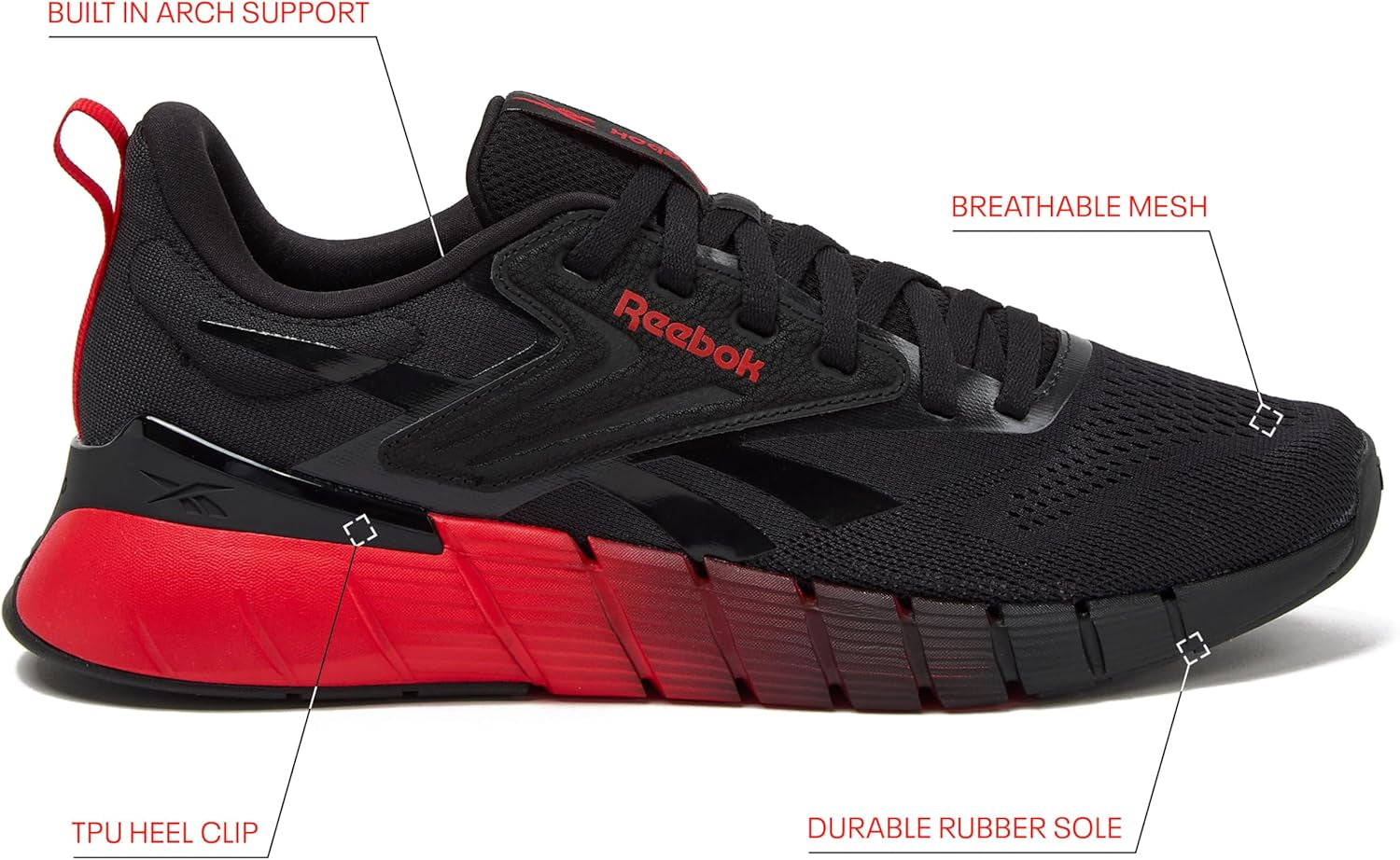 Reebok Nano Gym 1.0 men's athletic workout shoes in black with white accents, featuring breathable mesh and supportive rubber soles.