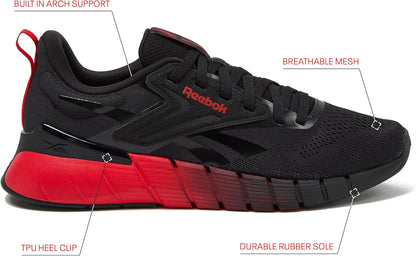 Reebok Nano Gym 1.0 men's athletic workout shoes in black with white accents, featuring breathable mesh and supportive rubber soles.