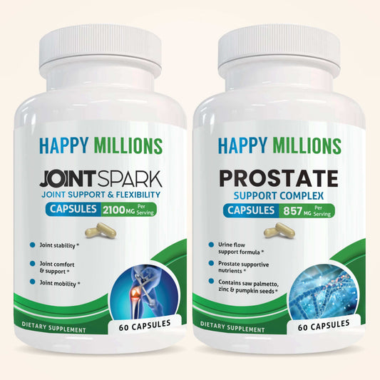 Jointspark & Prostate Support supplement bottles for joint and prostate health, promoting an active lifestyle.