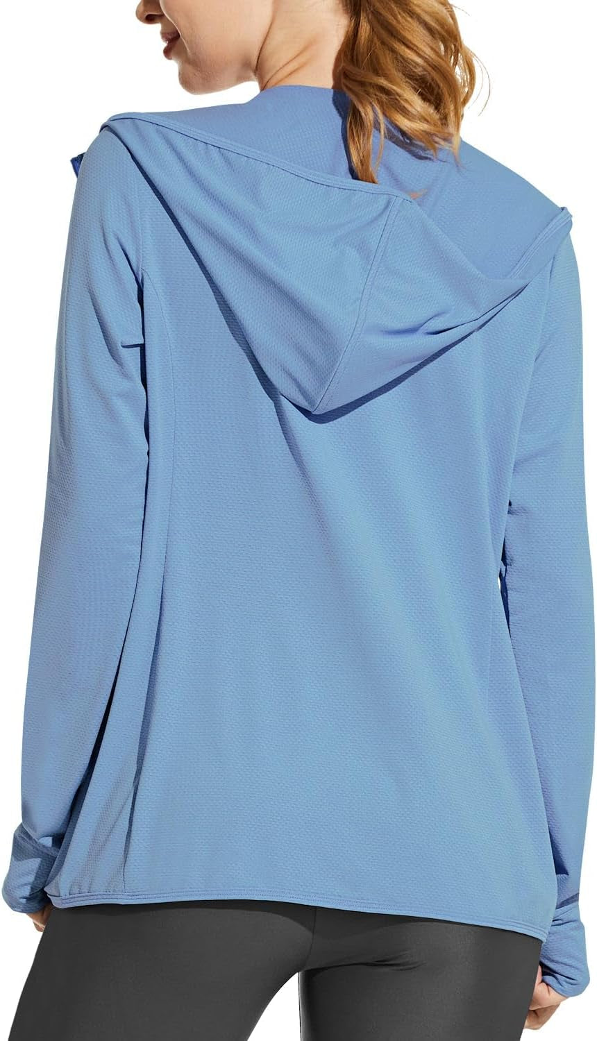 Baleaf women's UPF 50+ sun protection hooded cooling hiking jacket with pockets, lightweight outdoor performance shirt.