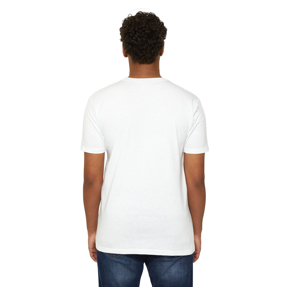 Back view of a man wearing a durable lightweight cotton-poly t-shirt in white, showcasing its classic fit.