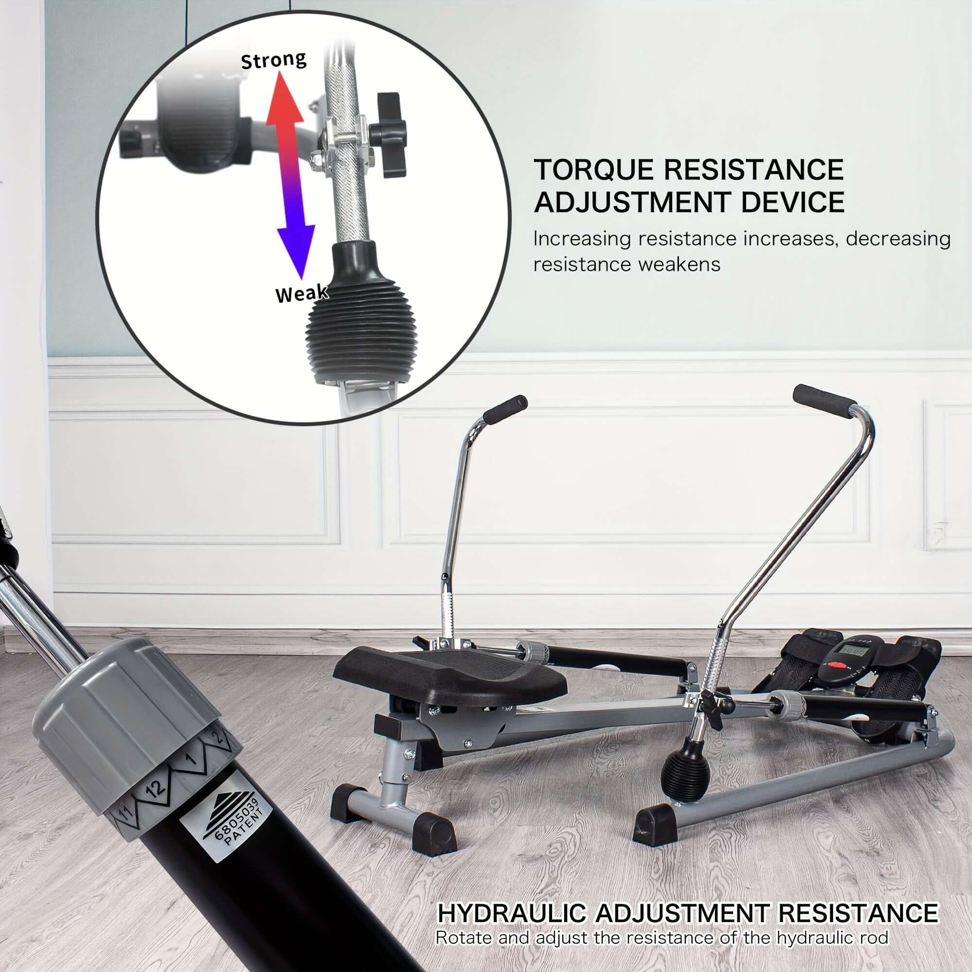 Foldable rowing machine with LCD monitor showing torque resistance adjustment device for customizable workout intensity.