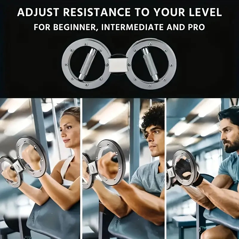 Fitness Essentials 2026 adjustable resistance speed arm strength trainer with figure-8 wheel for forearm and grip training.