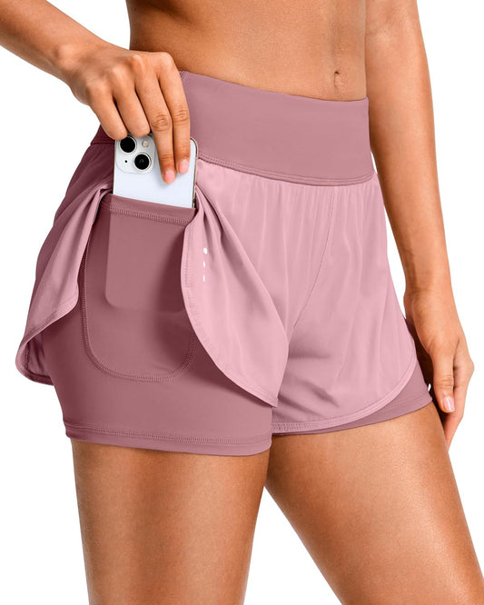Soothfeel women's 2-in-1 high-waisted running shorts with zipper pocket, suitable for gym, yoga, and athletic workouts.