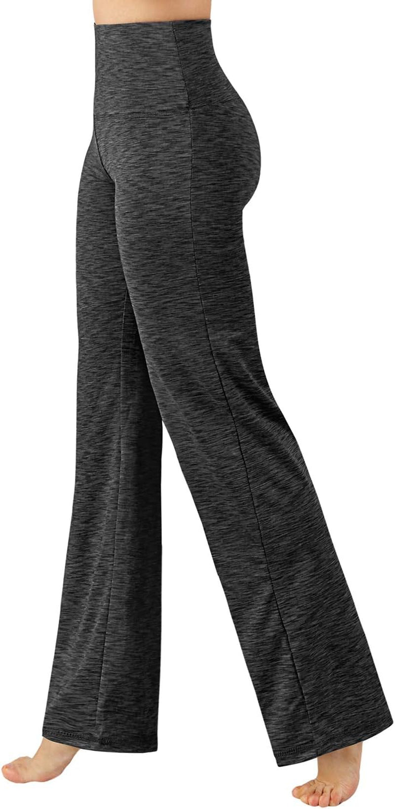 ODODOS women's high-waisted bootcut yoga pants in charcoal with tummy control, inner pocket, and 31-inch inseam, spacedye fabric.