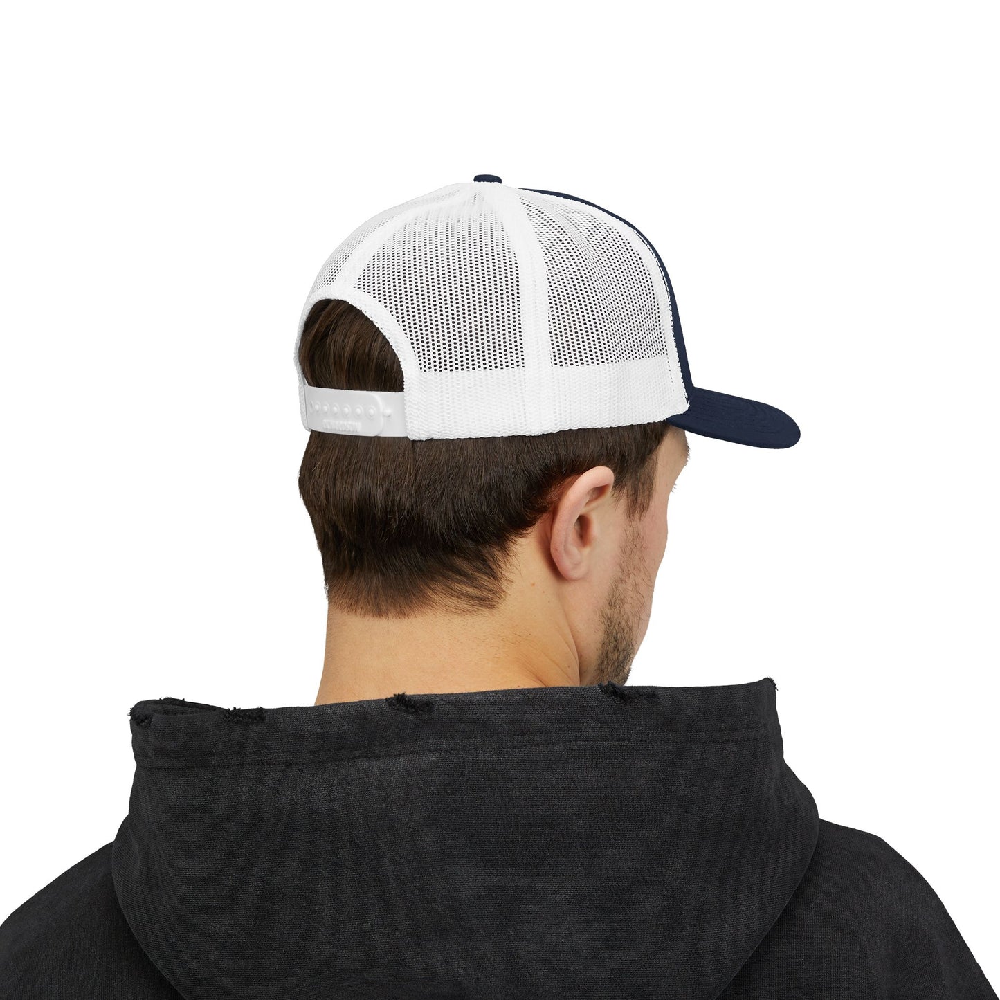 Red and white distressed emblem trucker cap with snapback closure, featuring printed logo, by Printify.